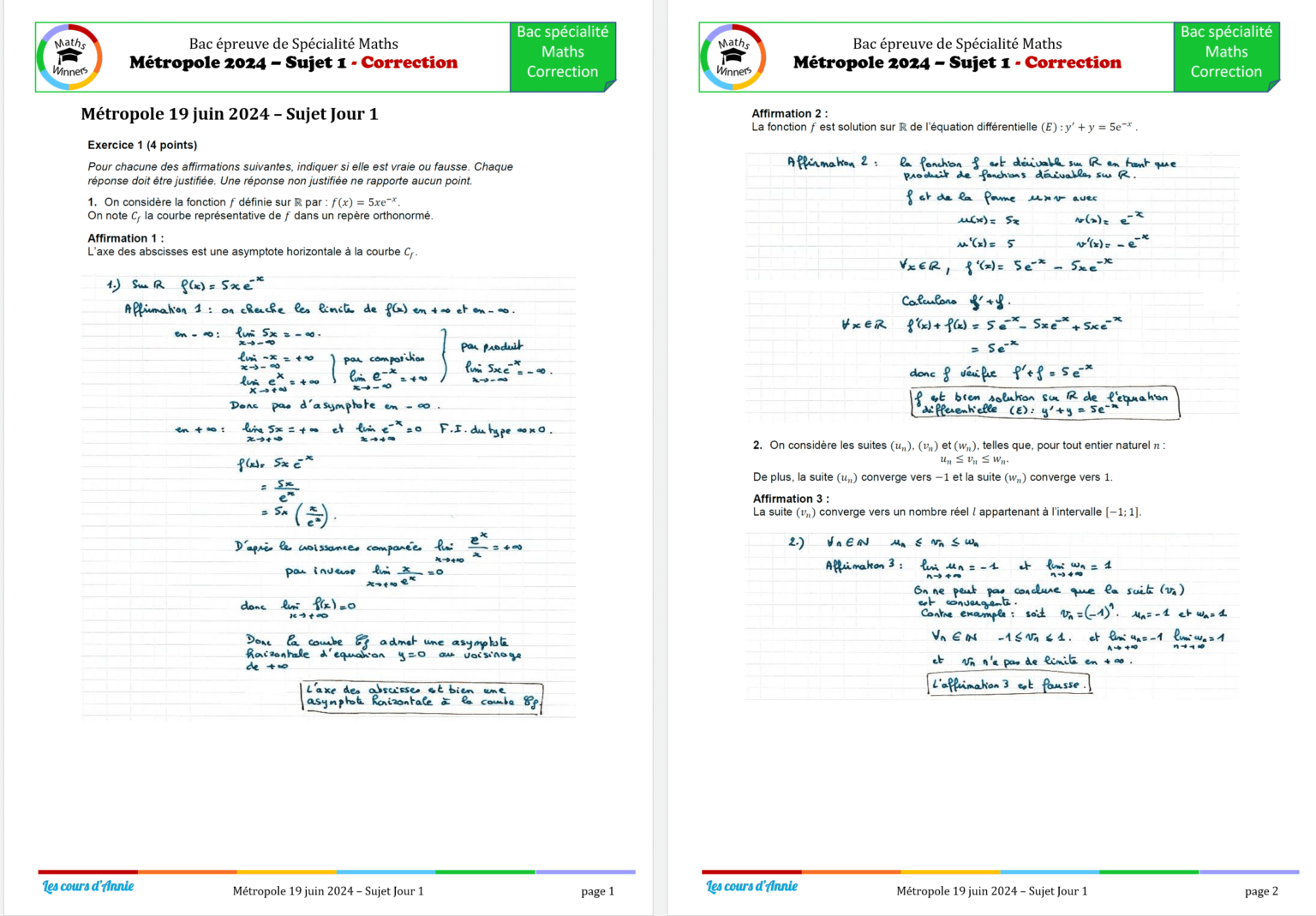 Bac 2024 – Métropole – Sujet du jour 1 – Spécialité Maths - Mathswinners